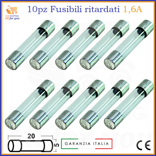 10 fusibili ritardati in vetro 5x20mm 1,6A 250V tipo T per protezione circuiti elettronici