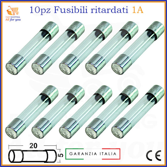 10 fusibili ritardati in vetro 5x20mm 1A 250V tipo T per protezione elettronica