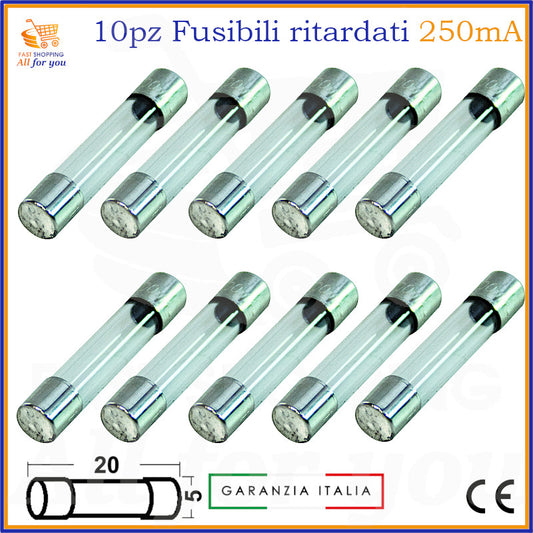 10 fusibili ritardati in vetro 5x20mm da 250mA 250V cilindrici tipo T con terminali metallici