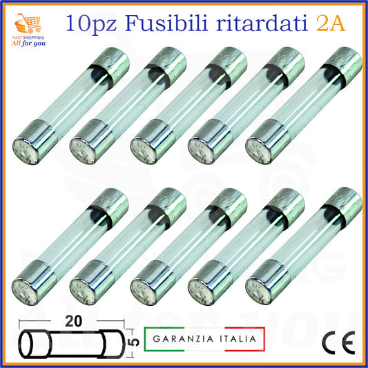 10 fusibili ritardati in vetro 5x20mm 2A 250V tipo T per protezione circuiti elettronici