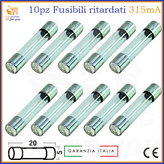 10 fusibili ritardati in vetro 5x20mm da 315mA 250V tipo T con terminali in metallo