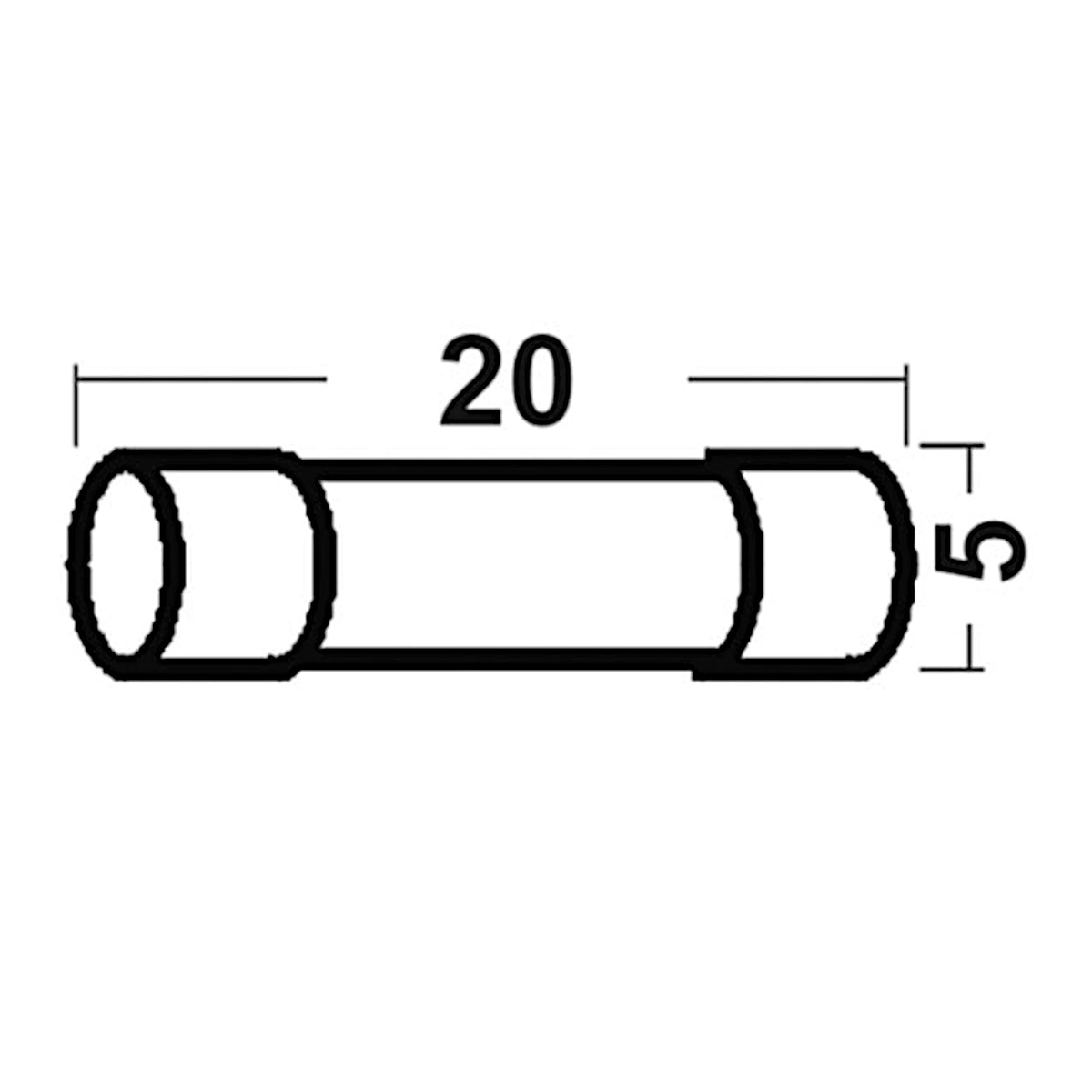 Schema tecnico quotato con dimensioni fisiche di lunghezza 20mm e diametro 5mm per fusibile cilindrico in vetro
