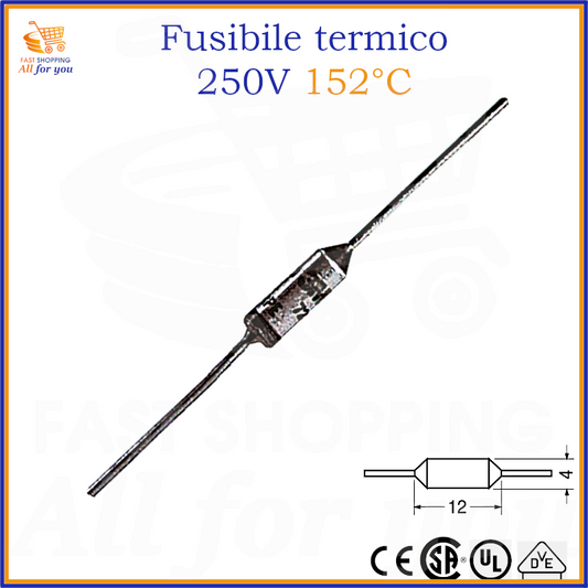 Fusibile termico 152°C 250V 10A Ø4x12mm per protezione dispositivi elettronici e trasformatori