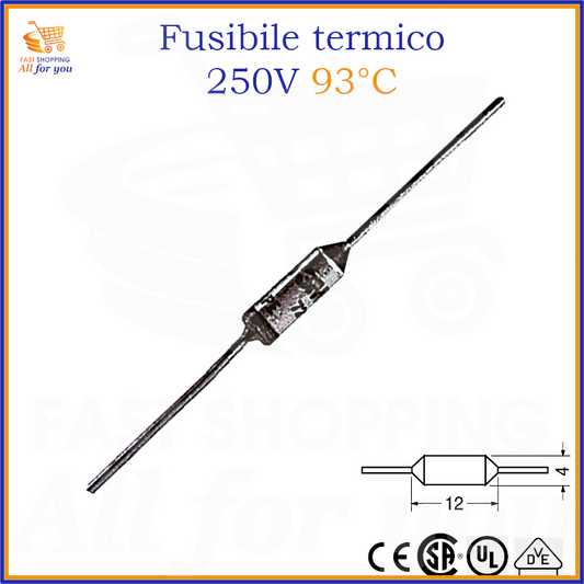 Fusibile termico 93°C 250V 10A Ø4x12mm per sicurezza e protezione di circuiti elettronici