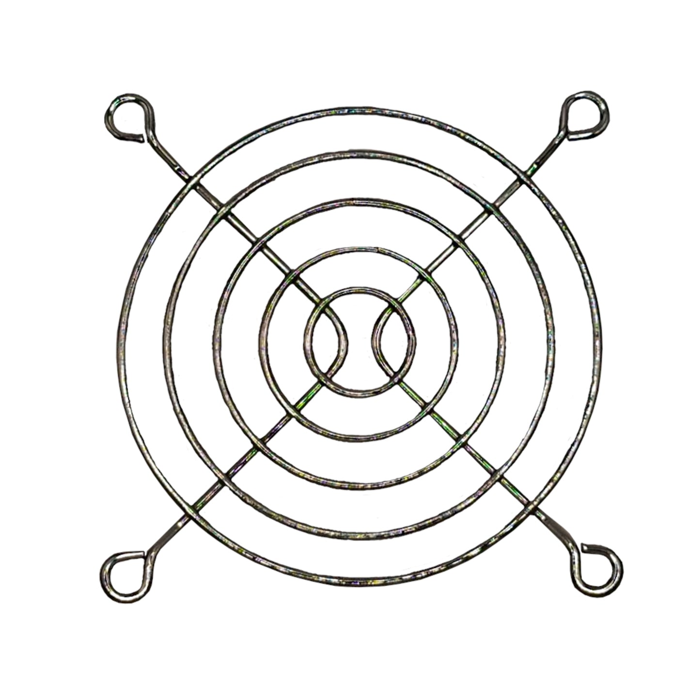 Griglia di protezione 80x80 mm in alluminio nichelato per ventilatori, progettata per prevenire il contatto accidentale senza ostacolare il flusso d'aria.