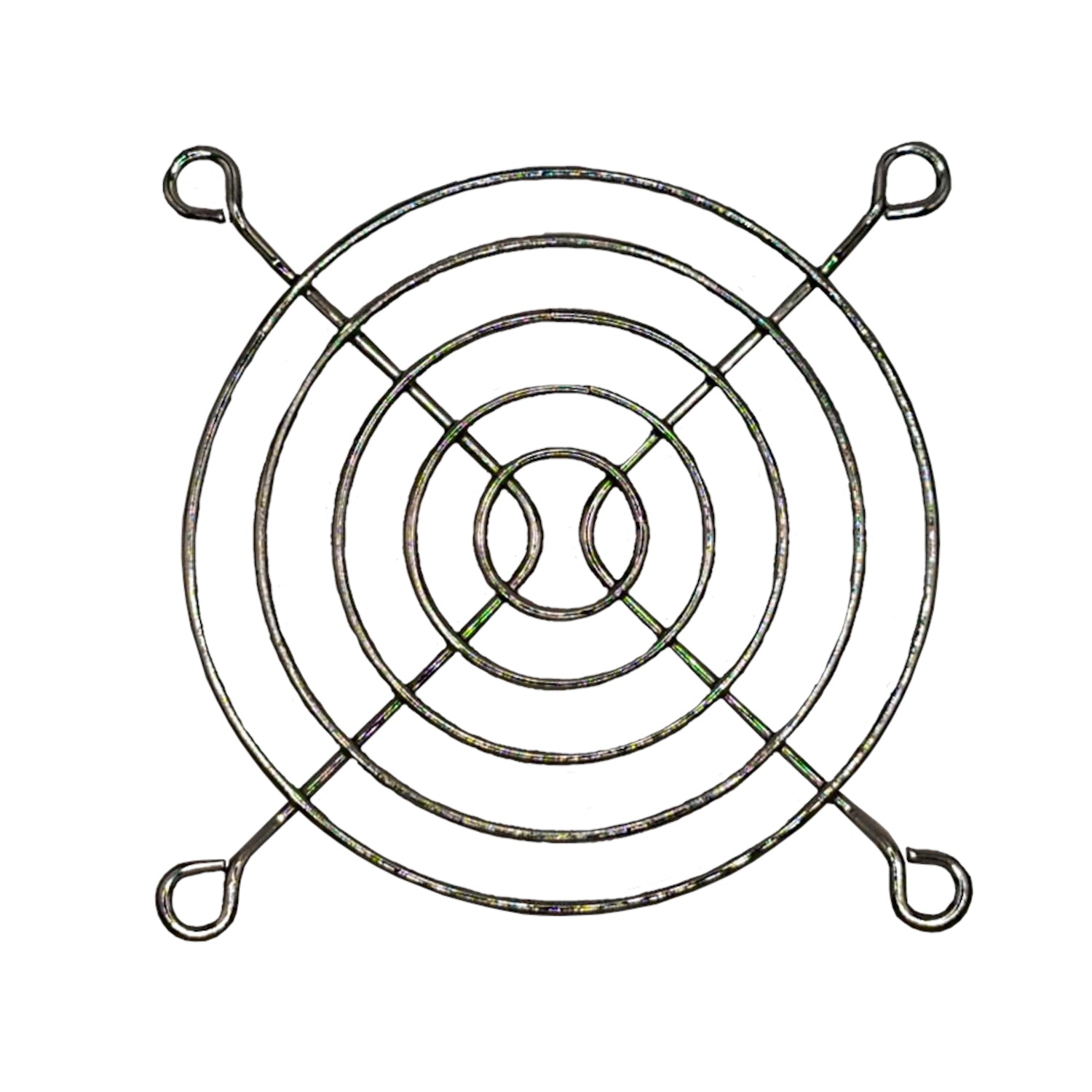 Griglia di protezione 80x80 mm in alluminio nichelato per ventilatori, progettata per prevenire il contatto accidentale senza ostacolare il flusso d'aria.