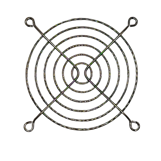Griglia di protezione 92x92 mm in alluminio nichelato per ventilatori, progettata per prevenire il contatto accidentale senza ostacolare il flusso d'aria.