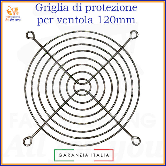Griglia di protezione circolare in alluminio nichelato per ventola 120x120mm, con quattro punti di fissaggio, per sicurezza e prevenzione infortuni.