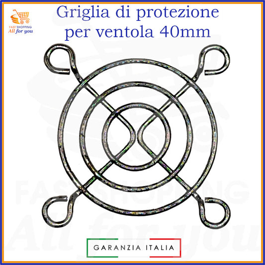 Griglia di protezione in alluminio nichelato per ventola 40x40mm, design circolare con quattro punti di fissaggio, per sicurezza e prevenzione contatti accidentali.