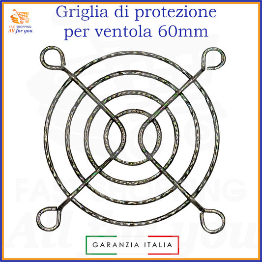 Griglia di protezione circolare in alluminio nichelato per ventola 60x60mm, con quattro punti di fissaggio, per sicurezza e prevenzione infortuni