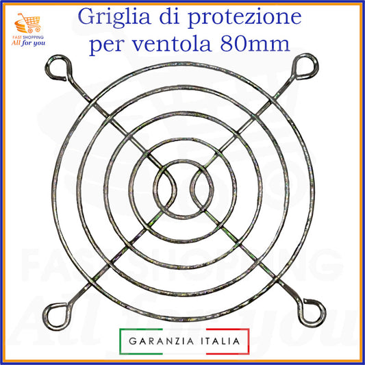 Griglia di protezione circolare in alluminio nichelato per ventola 80x80mm, con quattro punti di fissaggio, per sicurezza e prevenzione infortuni.