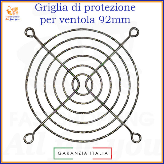Griglia di protezione circolare in alluminio nichelato per ventola 92x92mm, con quattro punti di fissaggio, per sicurezza e prevenzione infortuni.