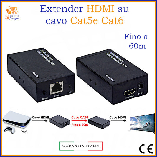 Coppia di HDMI extender neri, sender e receiver, per estendere il segnale su cavo CAT6 fino a 60m. Mostra schema di collegamento per PS5 e TV.