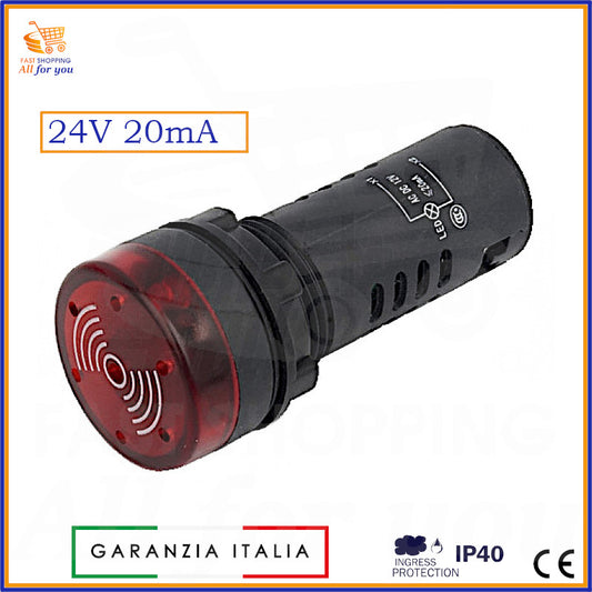  Indicatore LED buzzer rosso per montaggio a pannello, 24Vac/dc, con grado di protezione IP40 e morsetti a vite.
