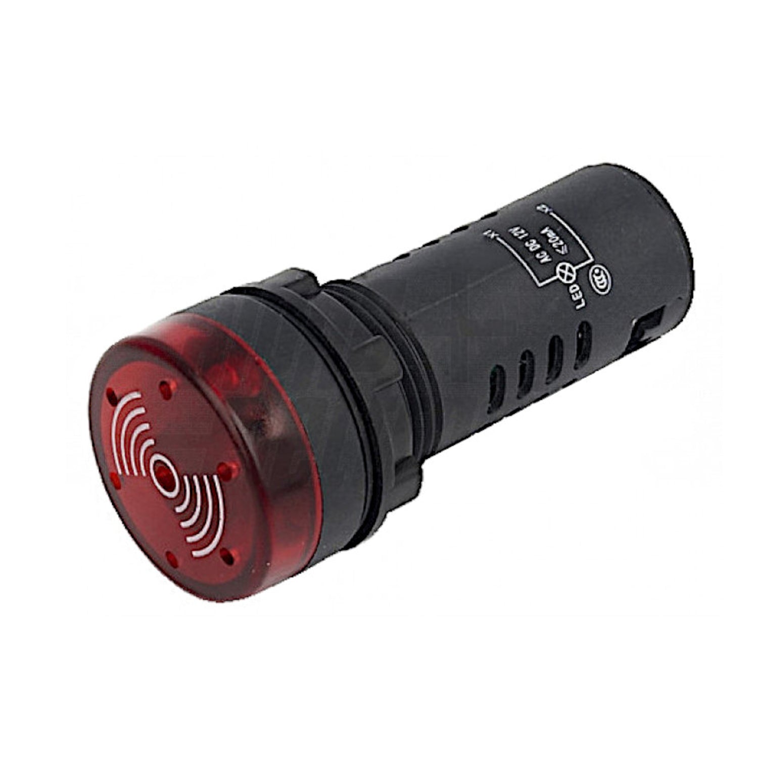 Indicatore LED buzzer rosso da pannello 12Vac/dc con corpo nero in plastica, foro d'incasso da 22mm e morsetti a vite, ideale per quadri elettrici.