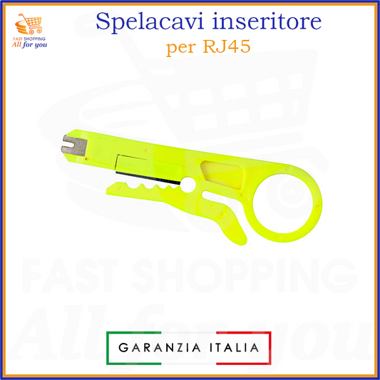 Inseritore spelacavi di colore giallo per il cablaggio di prese e connettori RJ45, ideale per tecnici di rete.