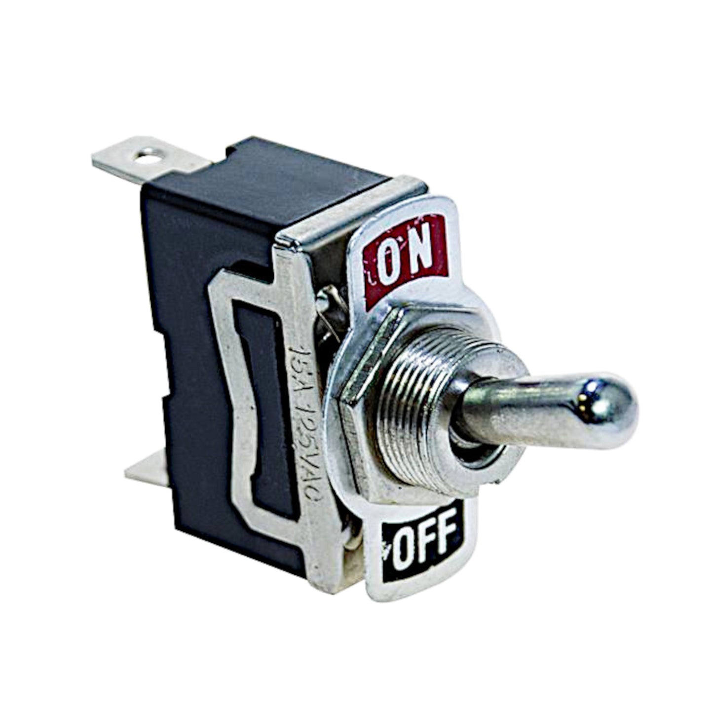 Interruttore a leva unipolare ON-OFF 15A 125Vac con terminali Faston da 6.3mm e placchetta indicatrice, ideale per quadri elettrici e impianti.