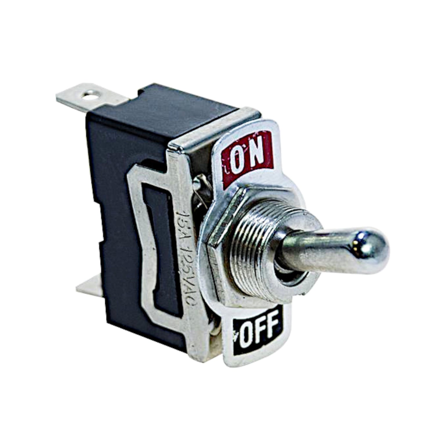 Interruttore a leva unipolare ON-OFF 15A 125Vac con terminali Faston da 6.3mm e placchetta indicatrice, ideale per quadri elettrici e impianti.