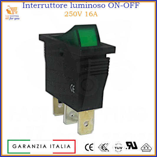 Interruttore a bilanciere luminoso verde ON-OFF unipolare con terminali Faston 6.3mm, 16A 250Vac, per pannello.