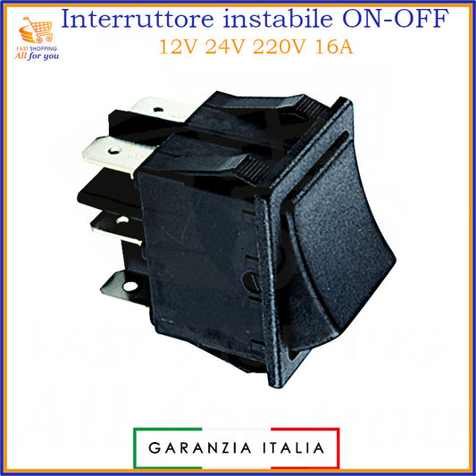 Interruttore a bilanciere instabile ON-OFF nero, bipolare, 16A 250Vac. Ideale per 12V, 24V, 220V.