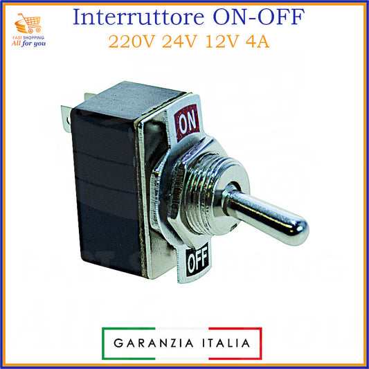 Interruttore a levetta ON-OFF unipolare con terminali a saldare, 4A 125Vac (2A 250Vac). Compatibile con 12V, 24V, 220V.