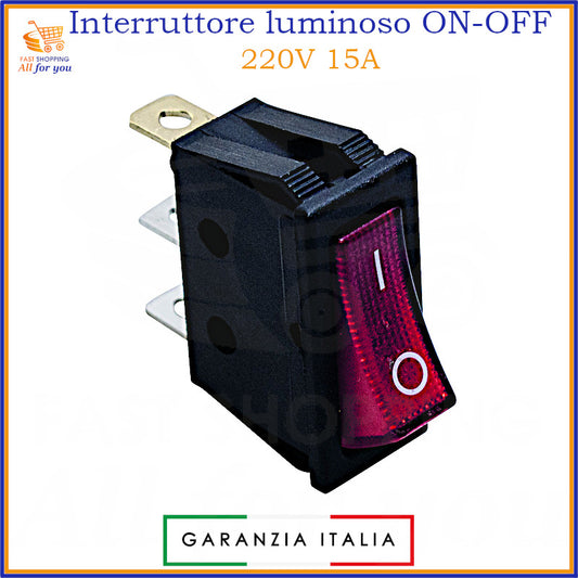 Interruttore luminoso a bilanciere ON-OFF, colore rosso, unipolare, 15A 250Vac. Ideale per 220V, 230V, 250V