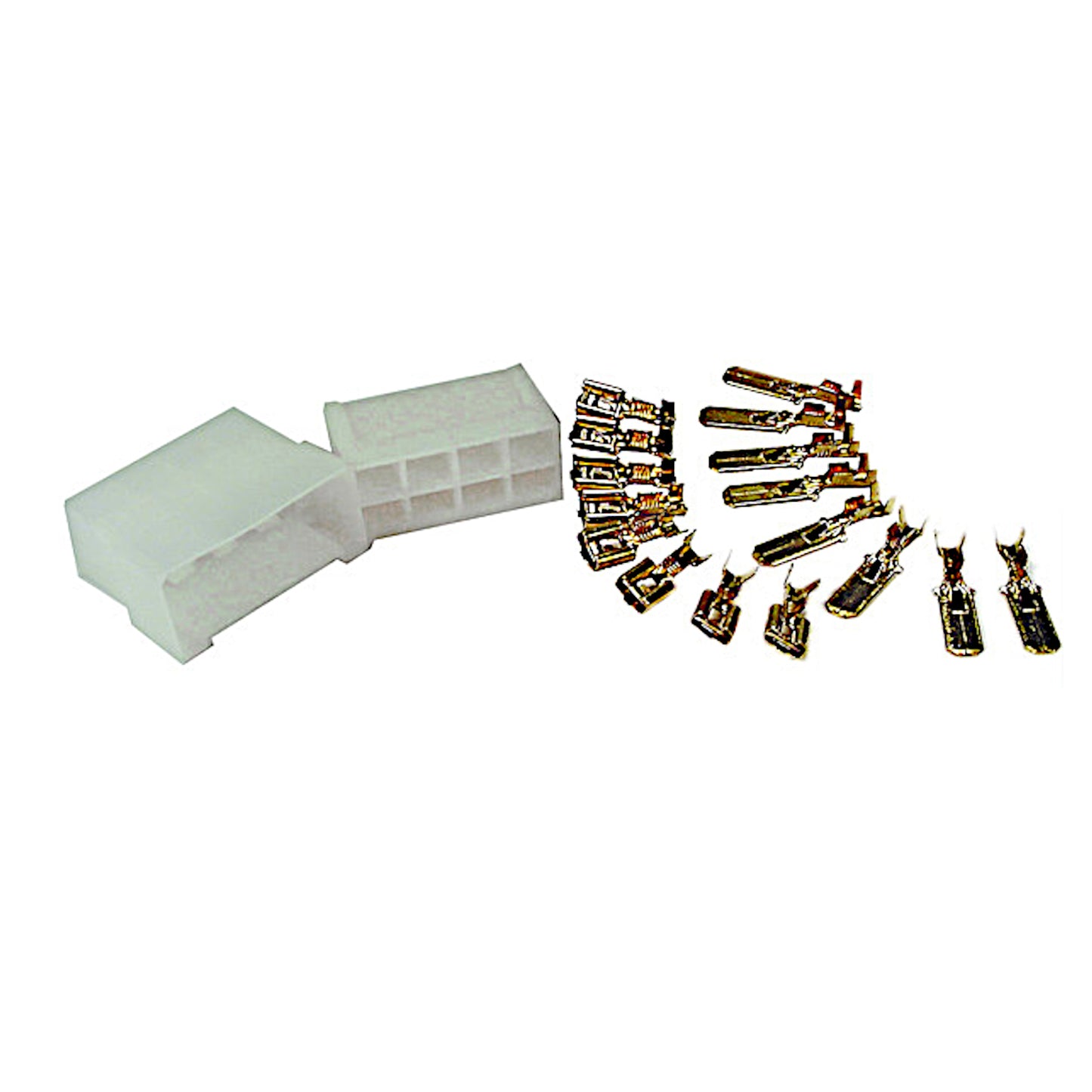Kit completo di blocchetti Faston a 8 poli in nylon bianco con terminali maschi e femmine da 6.35mm, ideale per cablaggi elettrici complessi in ambito automotive e industriale.