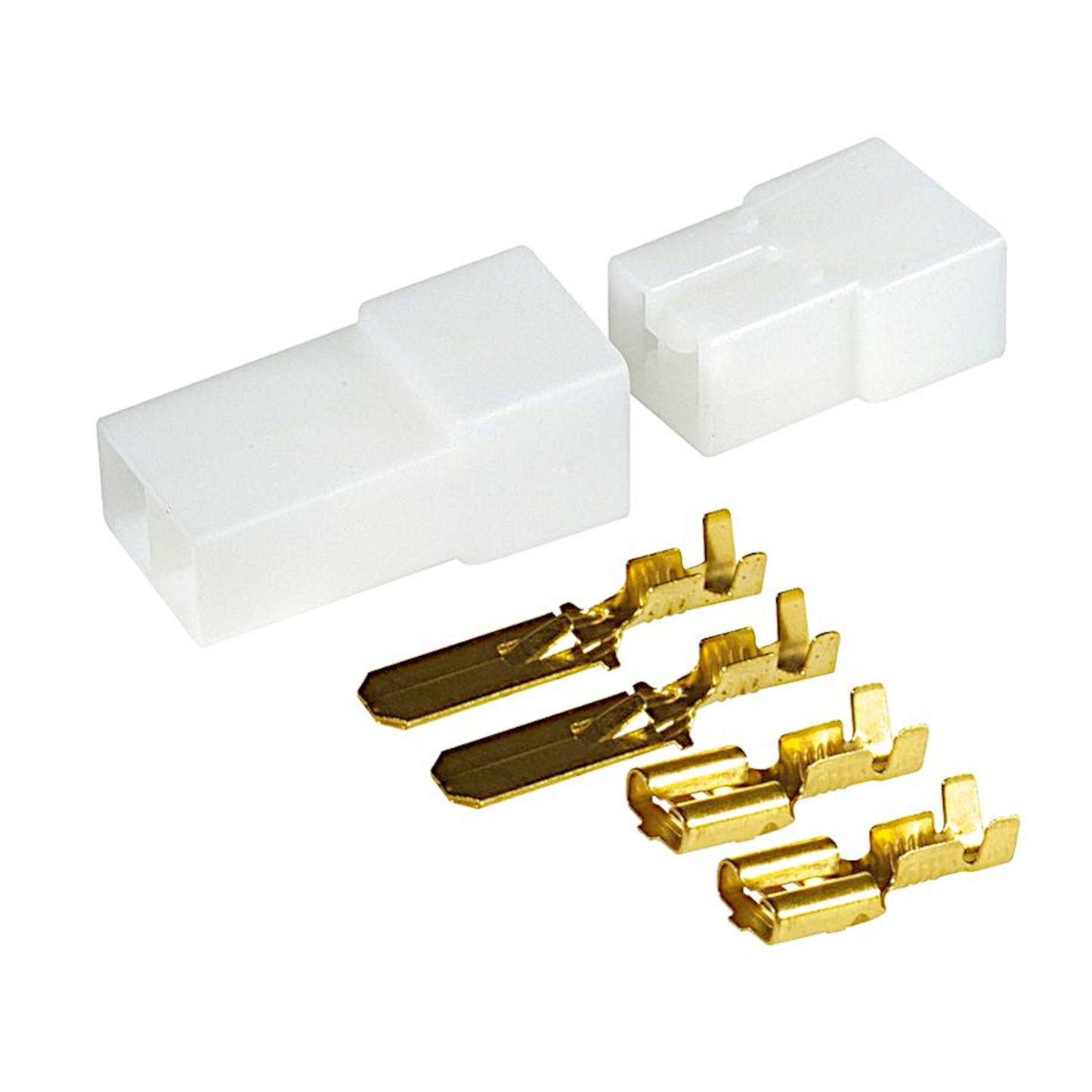 Kit di blocchetti Faston 6.35mm a 2 poli in nylon autoestinguente UL94V-2 con terminali maschio e femmina da crimpare, ideale per cablaggi elettrici automotive e hobbistica.
