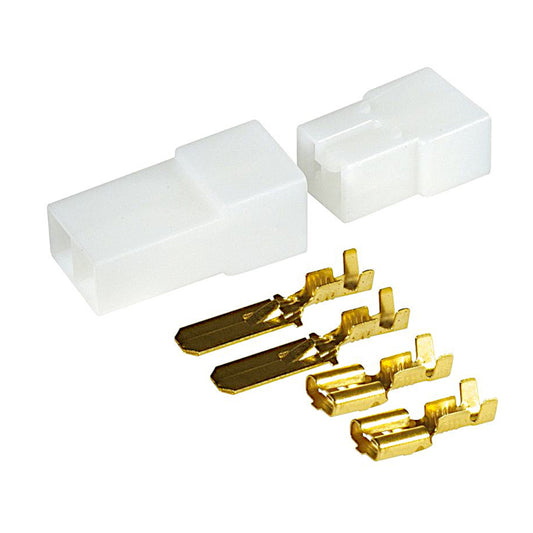 Kit di blocchetti Faston 6.35mm a 2 poli in nylon autoestinguente UL94V-2 con terminali maschio e femmina da crimpare, ideale per cablaggi elettrici automotive e hobbistica.