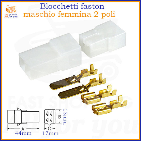 Kit completo di blocchetti connettori faston maschio e femmina 2 poli per cablaggi elettrici.
