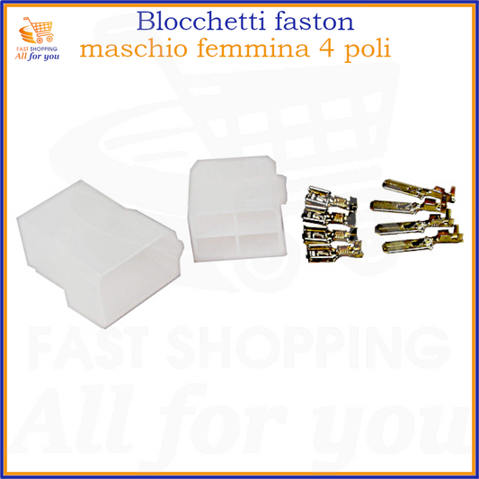 Kit completo di blocchetti connettori faston 4 poli maschio e femmina per cablaggi elettrici.