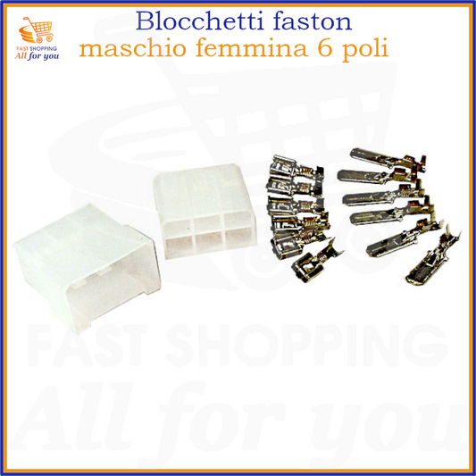 Kit completo di blocchetti connettori faston 6 poli maschio e femmina per cablaggi elettrici.