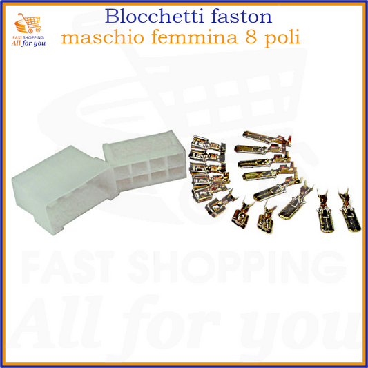 Kit completo di blocchetti connettori faston 8 poli maschio e femmina in nylon per cablaggi elettrici.