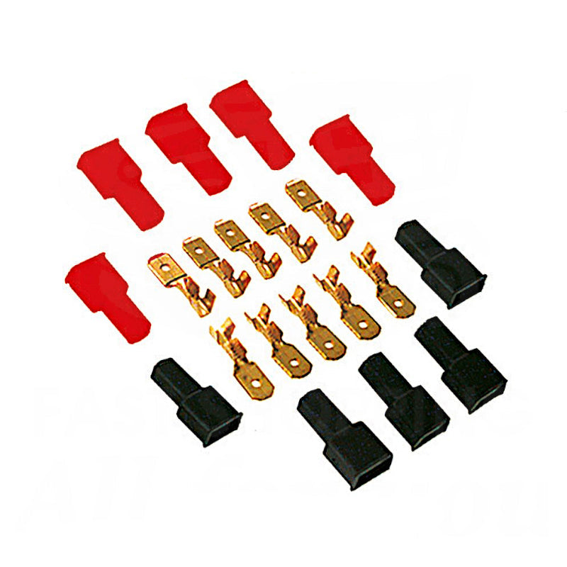 Kit di connettori faston maschio da 4.8mm con coprifaston rossi e neri.