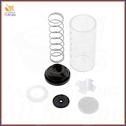 Kit di ricambio per pistola dissaldante che include un contenitore in vetro trasparente, una molla metallica, una membrana in gomma nera, un disco filtro e altre guarnizioni. Compatibile con le stazioni ZD-915 e ZD-917. L'immagine include il logo 'FAST SHOPPING All for you'.