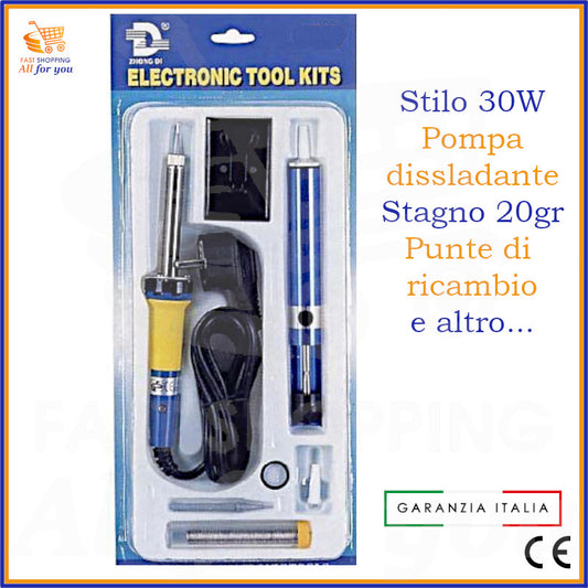 Kit per saldatura e dissaldatura con saldatore a stilo 30W, pompa dissaldante, stagno, punte e supporto.
