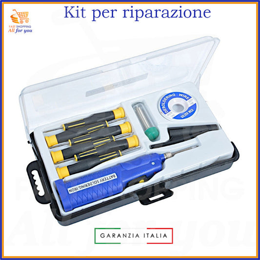Kit completo per riparazione elettronica con saldatore a batteria, treccia dissaldante, stagno e set di cacciaviti a taglio e a croce.