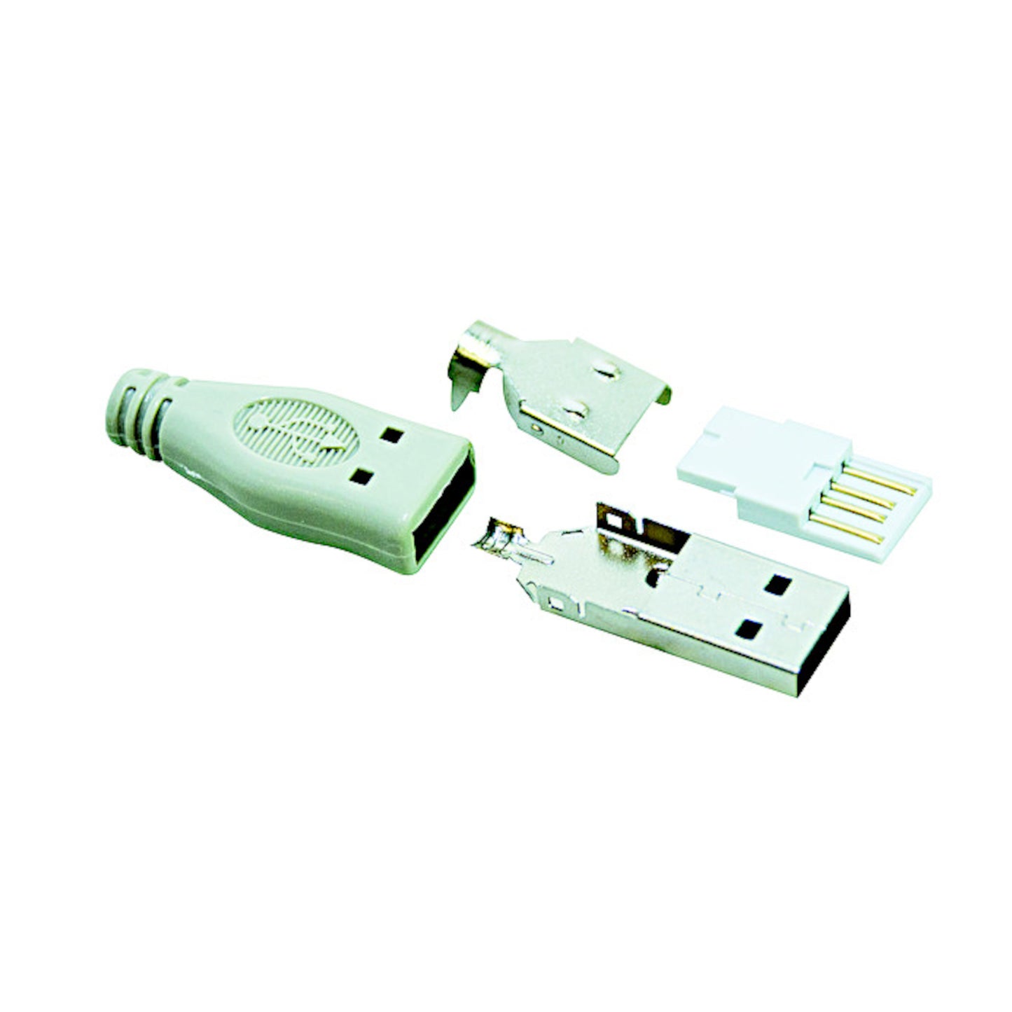 Kit componenti per spina connettore USB Tipo A maschio a saldare con custodia protettiva, ideale per assemblaggio e riparazione di cavi USB.