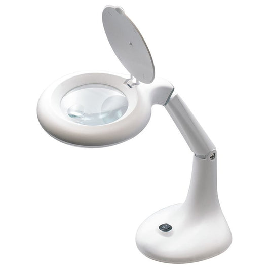 Mini lampada da tavolo a LED SMD con lente d'ingrandimento bifocale 3+8 diottrie e luce bianco freddo 6500K, ideale per laboratori e hobbistica.