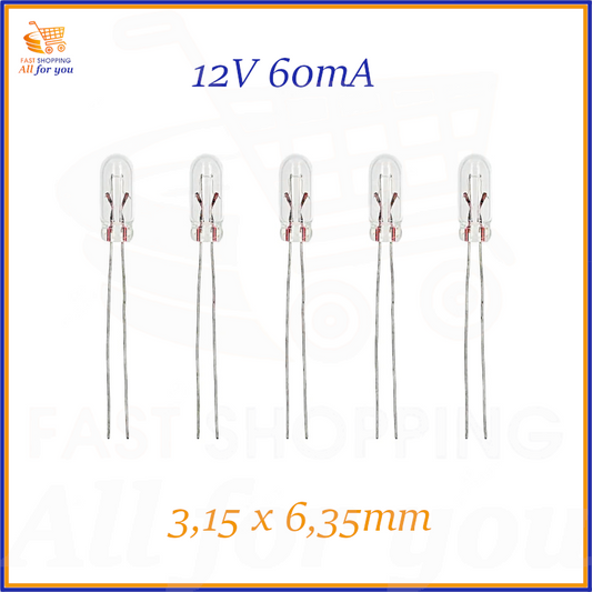 Confezione da 5 lampadine miniature a 12V 60mA, dimensioni 3.15x6.35mm, ideali per autoradio e presepi.