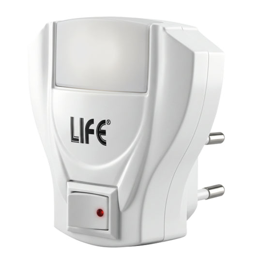 Luce notte da parete a LED 0.5W Life con interruttore on-off manuale e spina verticale 10A, colore bianco freddo.