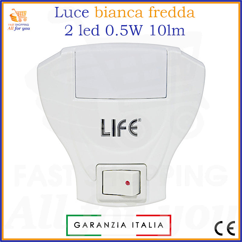Luce notte a parete Life con 2 LED e interruttore ON/OFF frontale, spina italiana verticale.