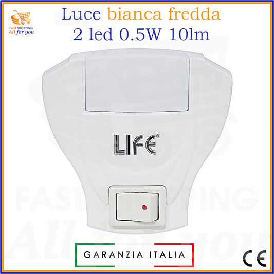 Luce notte a parete Life con 2 LED e interruttore ON/OFF frontale, spina italiana verticale.