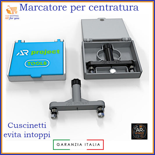 Marcatore di precisione nero con scorrimento su cuscinetti, ideale per marcatura centrale su legno e metallo.