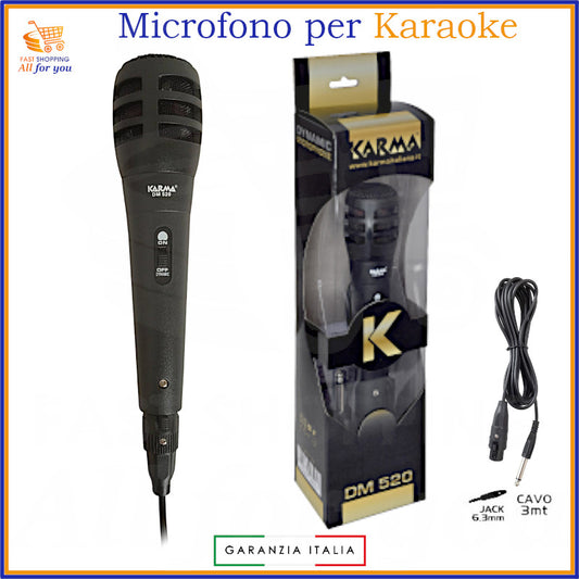 Microfono dinamico Karma DM 520 con cavo integrato da 3 metri, interruttore ON/OFF, confezione e certificazioni.