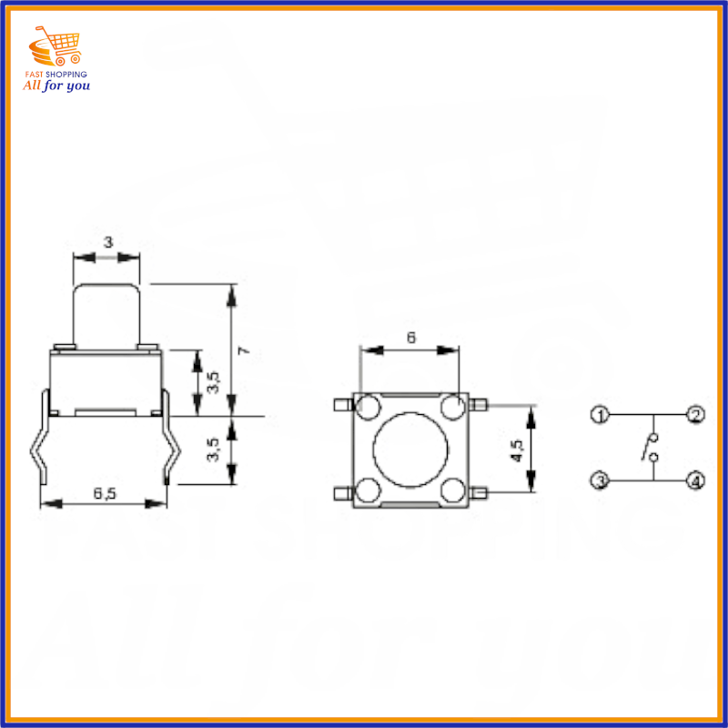 Dettaglio tecnico del Microinterruttore tattile con le dimensioni 6x6mm e altezza 7mm.