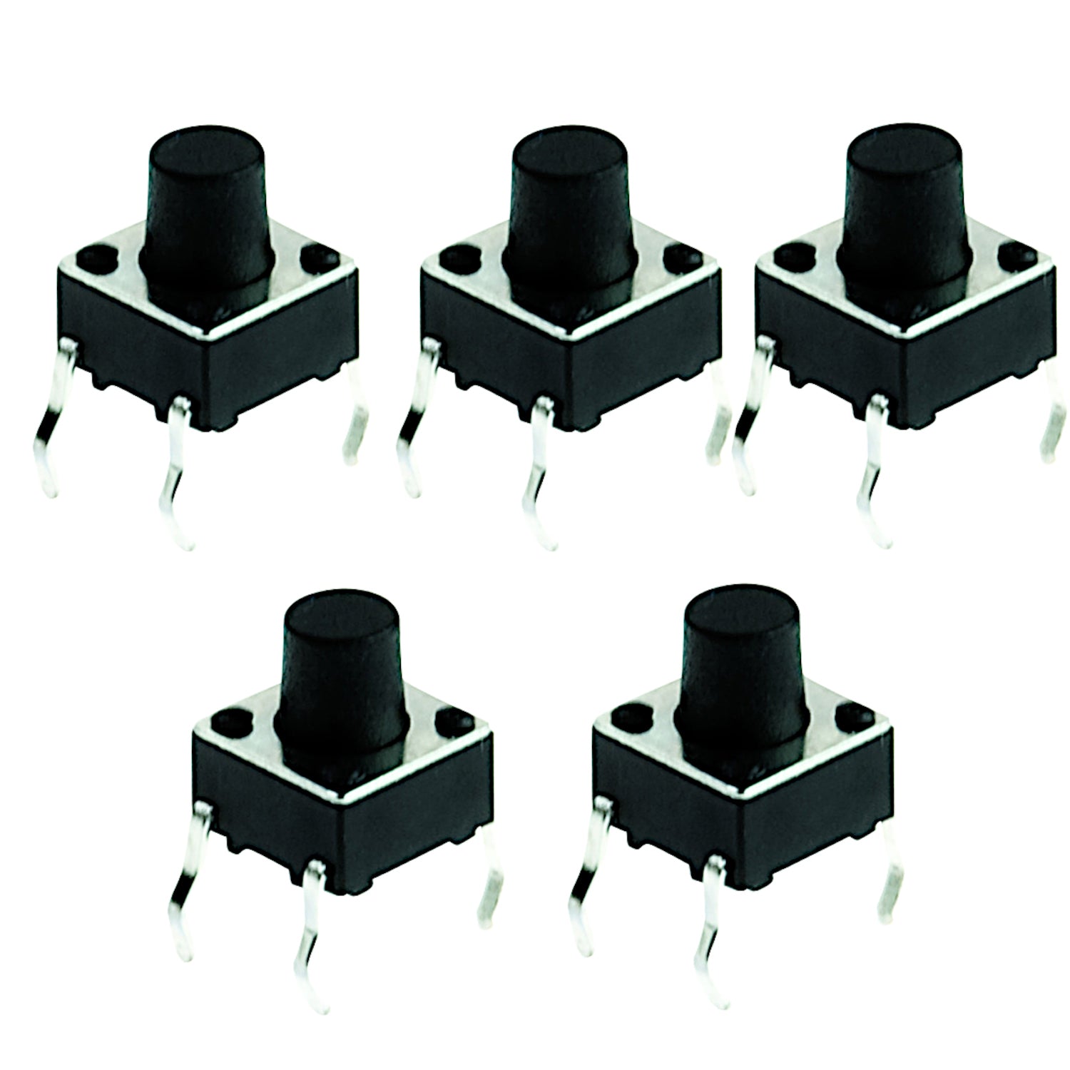 Set di 5 microinterruttori tattili (tact switch) a 4 pin, dimensioni 6.0x6.0mm, altezza 7.0mm, corpo termoplastico nero. Ideali per riparazioni PCB e prototipazione elettronica.