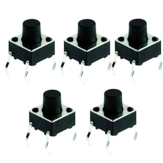 Set di 5 microinterruttori tattili (tact switch) a 4 pin, dimensioni 6.0x6.0mm, altezza 7.0mm, corpo termoplastico nero. Ideali per riparazioni PCB e prototipazione elettronica.