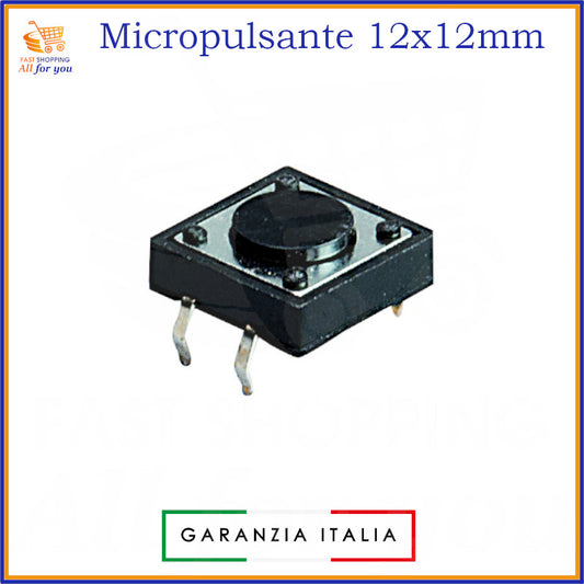 Micropulsante tattile grigio scuro 12x12mm con 4 pin per montaggio PCB, altezza 4.3mm, 12V 50mA.