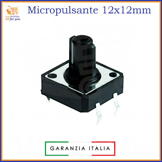 Micropulsante tattile grigio scuro 12x12mm con 4 pin per montaggio PCB, altezza 11.6mm, 12V 50mA.

